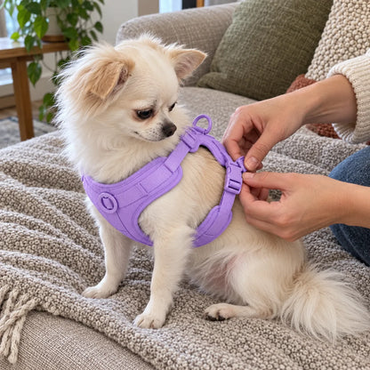 Weißer Langhaar-Chihuahua – lavendelfarbenes Geschirr zu Hause einstellen