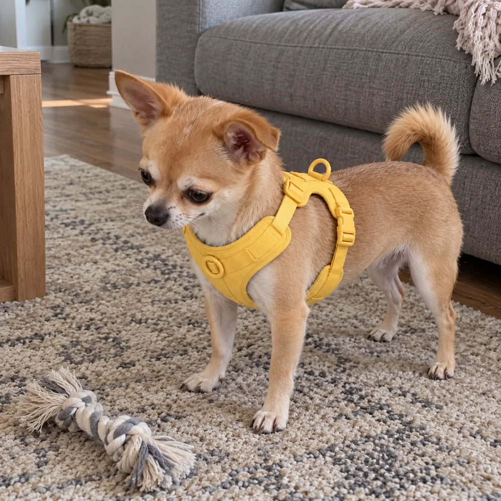 Chihuahua mit gelbem Geschirr steht neben einem Spielzeug