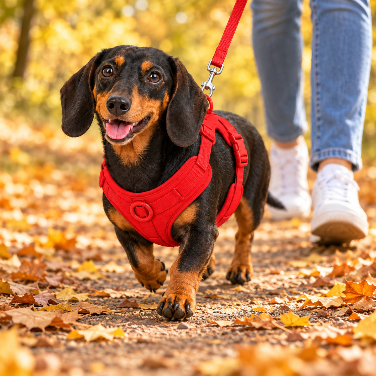 Dackel im roten Kleinpfote Dackel-Geschirr mit passender Leine beim Herbstspaziergang