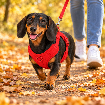 Dackel im roten Kleinpfote Dackel-Geschirr mit passender Leine beim Herbstspaziergang