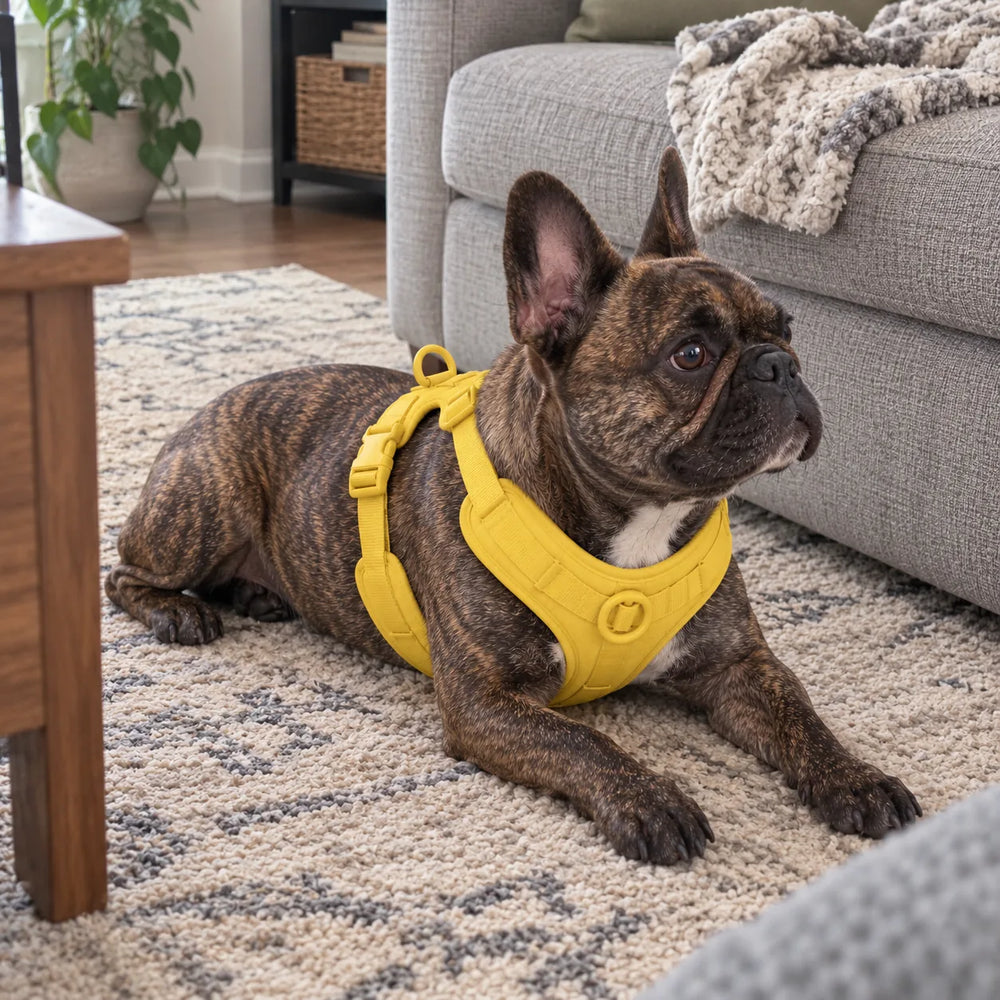Gestromte Französische Bulldogge mit gelbem Geschirr liegt auf einem Teppich