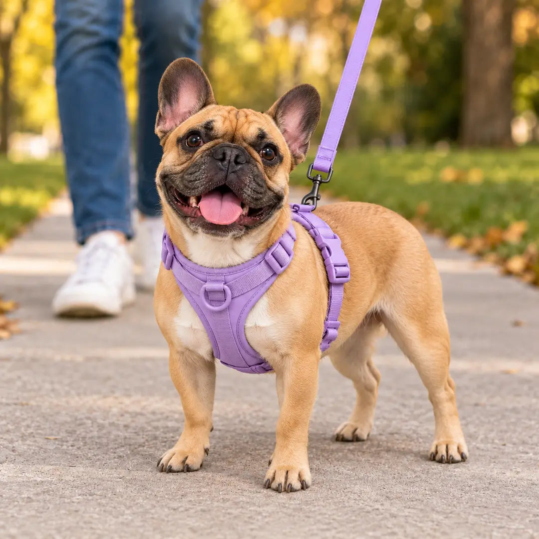 Französische Bulldogge mit lavendelfarbenem Kleinpfote Komfortgeschirr und passender Leine