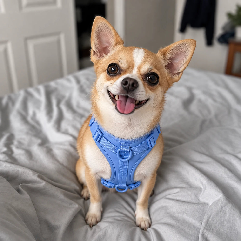 Chihuahua mit blauem Kleinpfote-Geschirr