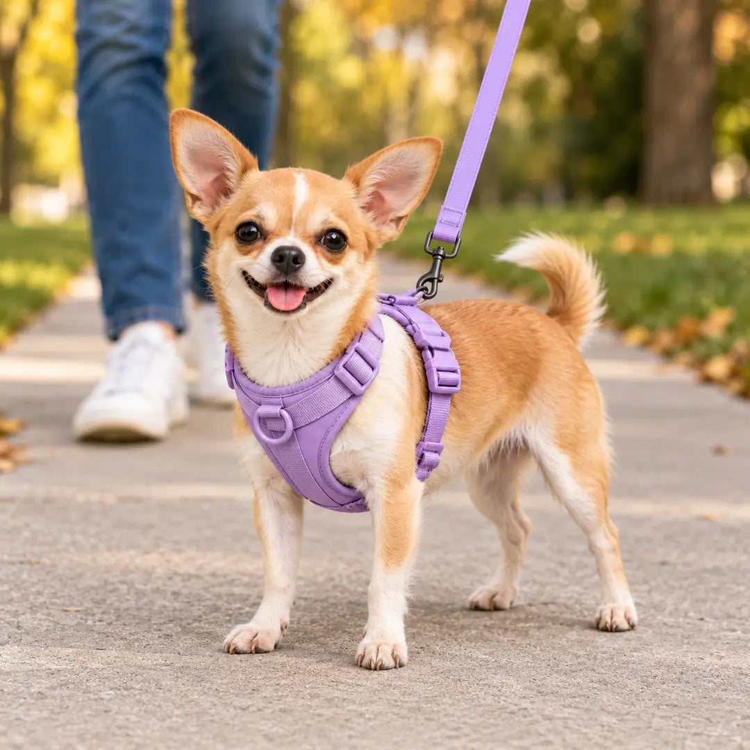 Chihuahua mit lavendelfarbenem Kleinpfote Komfortgeschirr und passender Leine beim Spaziergang