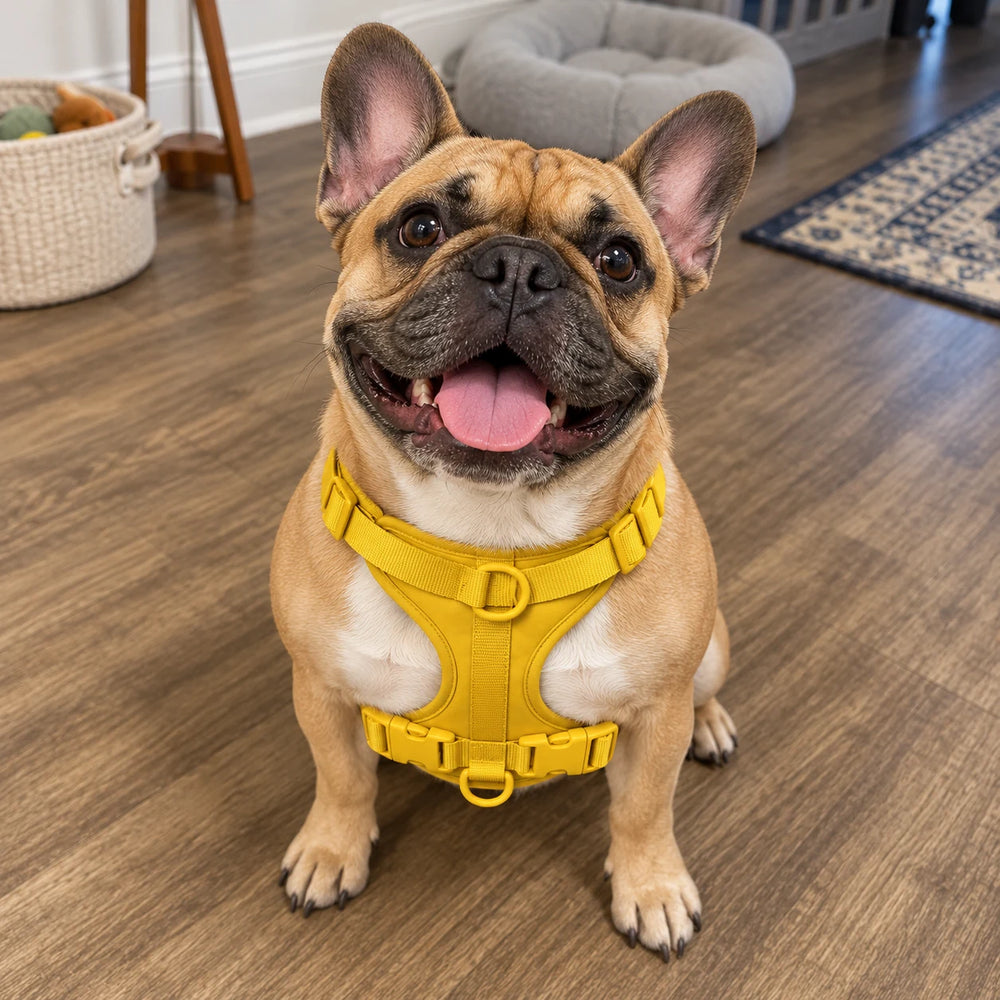 Französische Bulldogge mit gelbem Kleinpfote-Geschirr